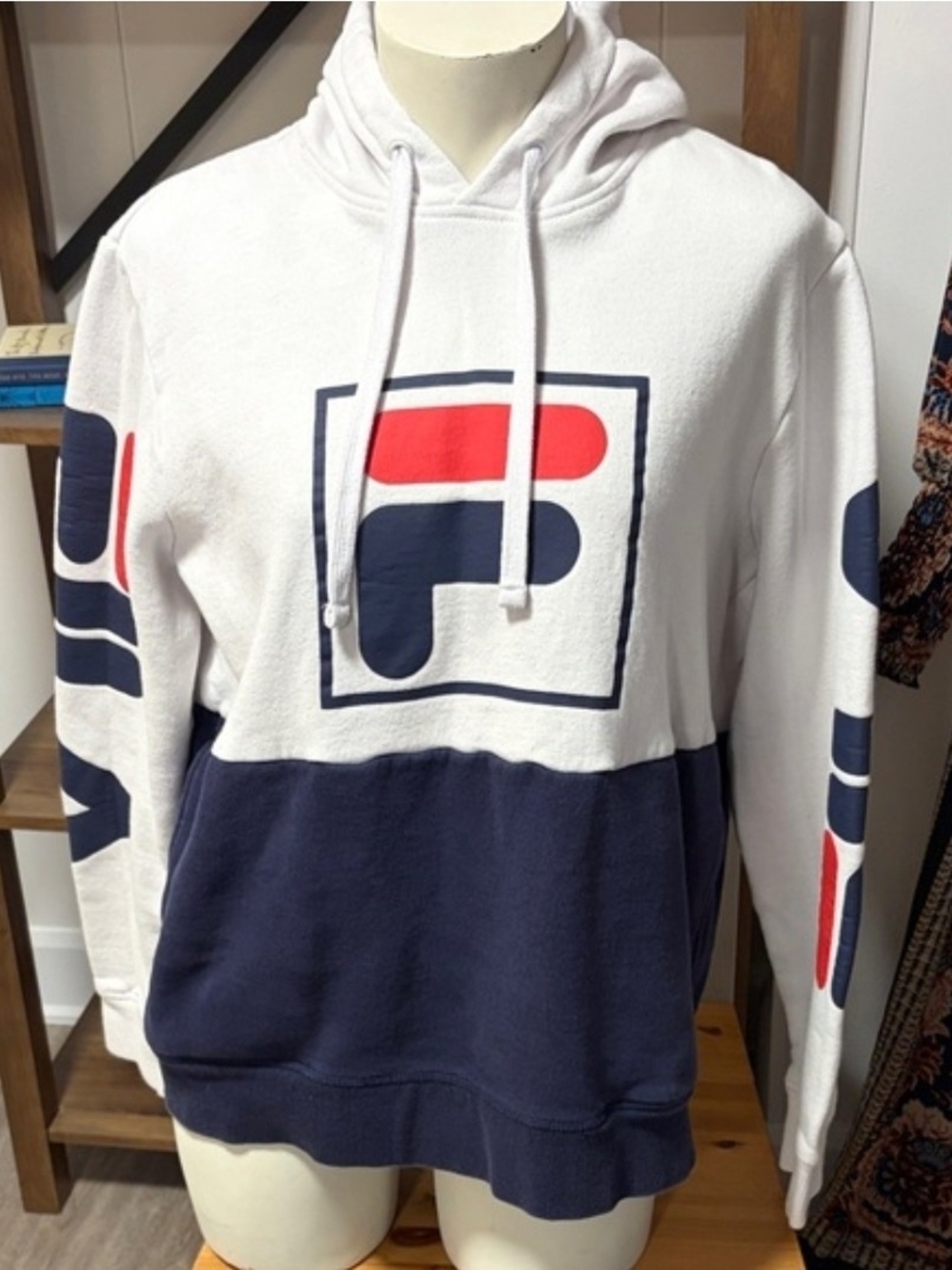 Fila Men's White Navy Hoodie with Red Logo Accents
